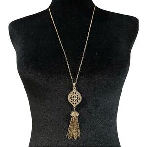 Tassel Necklace Gold Tone Rhinestone Inlay Adjustable Length Chain